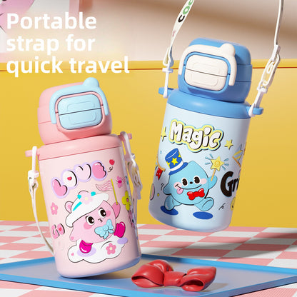 Cartoon Children's Double Drinking 316 Stainless Steel Insulated Cup Student Straw Cup Portable Strap
