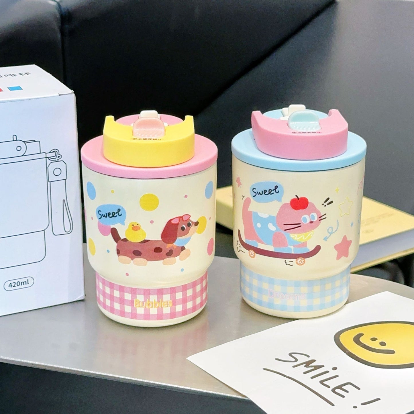 Cartoon Dachshund Portable Double Drinking Stainless Steel Water Cup