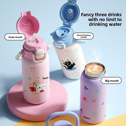 316L Cartoon Children's Insulated Cup Double Drinking Straw Cup Student Portable Water Cup