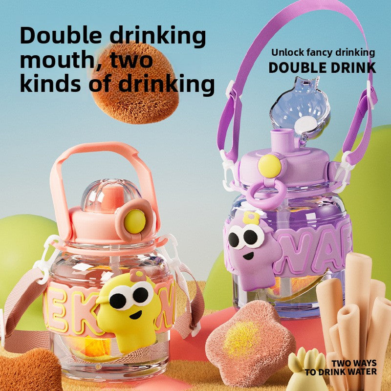 Cartoon Plastic Water Cup One-Click Open Lid Straw Outdoor Portable