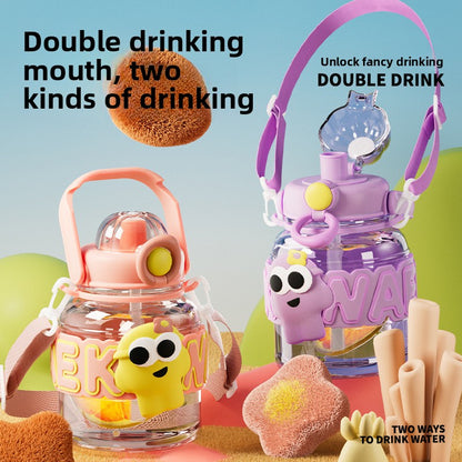 Cartoon Plastic Water Cup One-Click Open Lid Straw Outdoor Portable