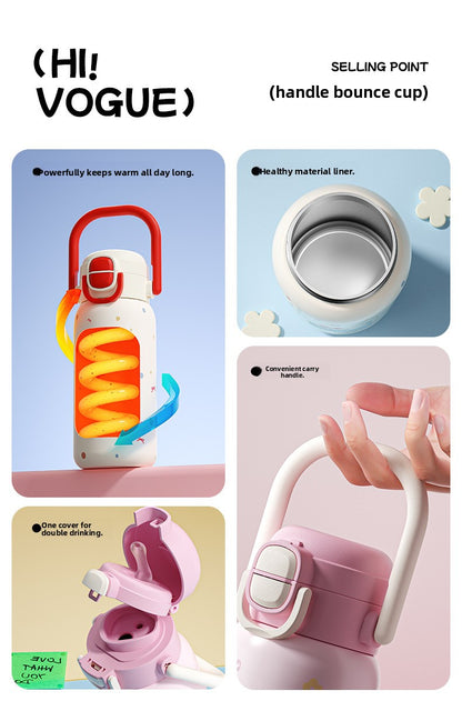 316L Cartoon Children's Insulated Cup Double Drinking Straw Cup Student Portable Water Cup