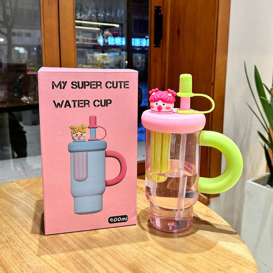 Large Capacity Plastic Cup Cute Straw Handle Cup Outdoor Sports Fitness Office