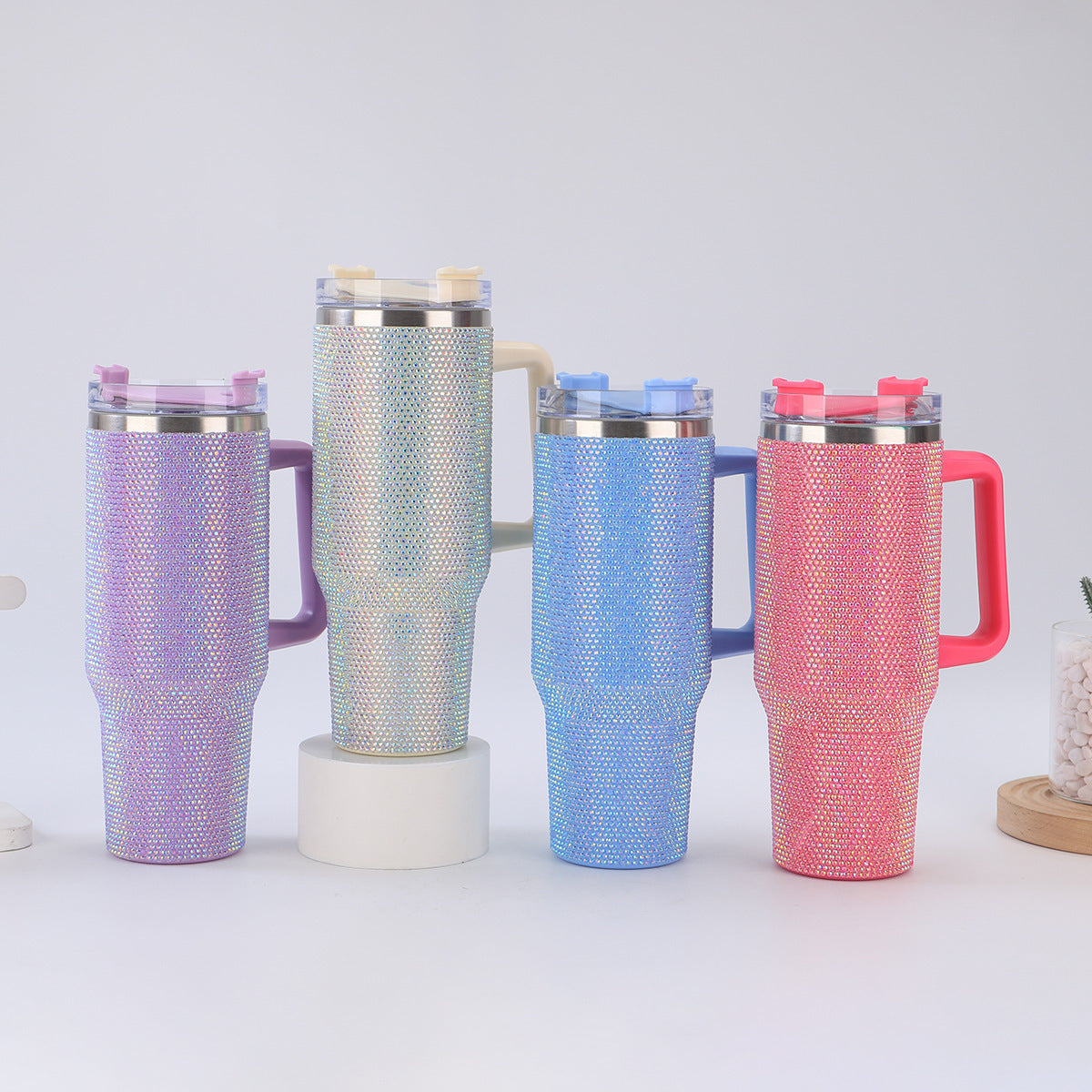 40oz Diamond-Studded Portable Insulated Cup with Handle for Car Use