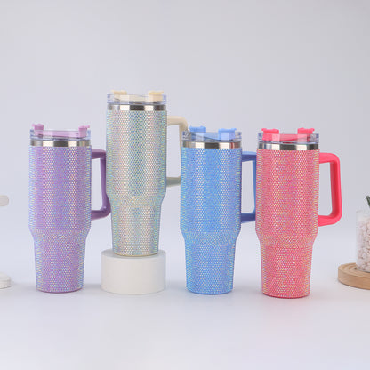 40oz Diamond-Studded Portable Insulated Cup with Handle for Car Use