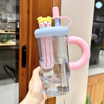Large Capacity Plastic Cup Cute Straw Handle Cup Outdoor Sports Fitness Office