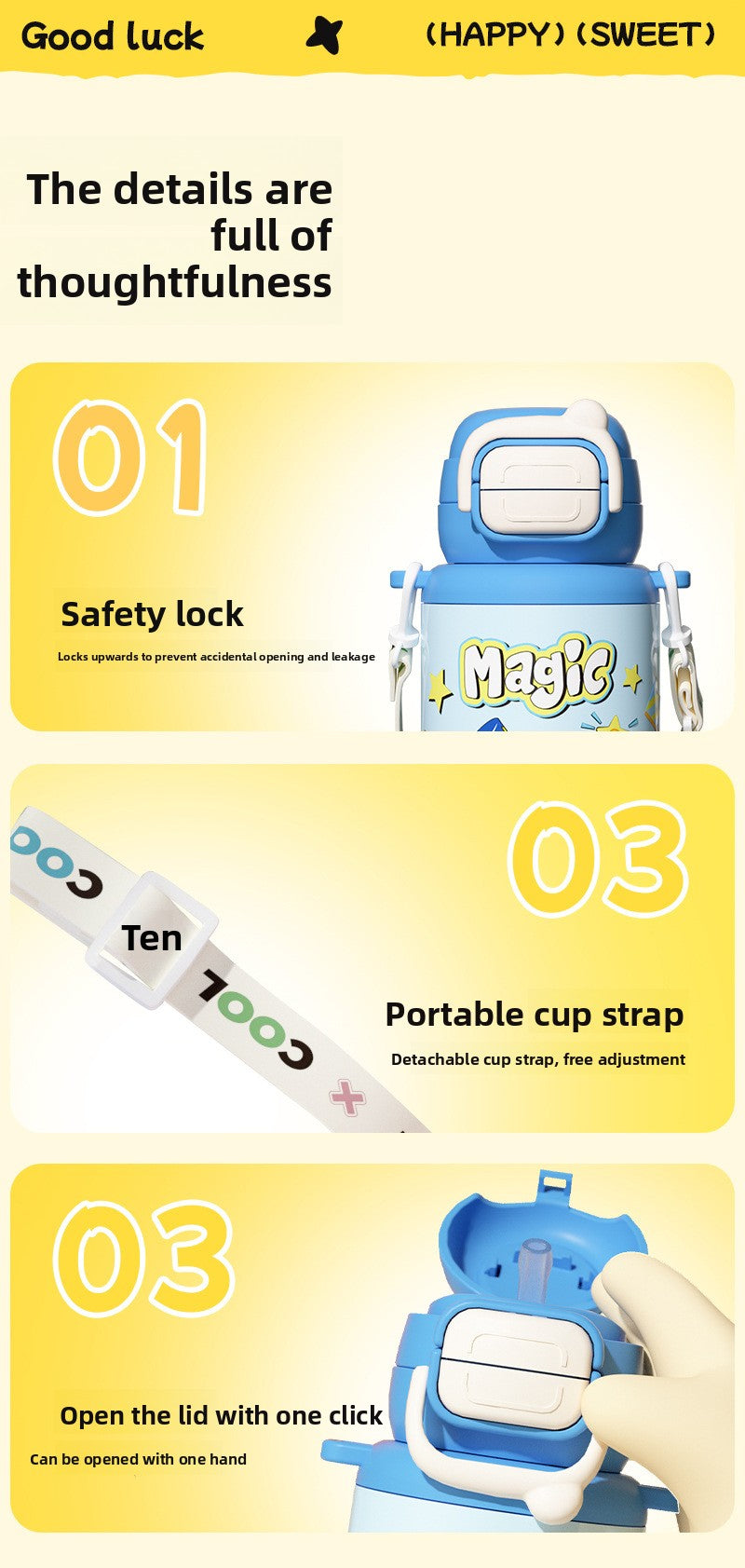 Cartoon Children's Double Drinking 316 Stainless Steel Insulated Cup Student Straw Cup Portable Strap