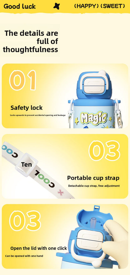 Cartoon Children's Double Drinking 316 Stainless Steel Insulated Cup Student Straw Cup Portable Strap