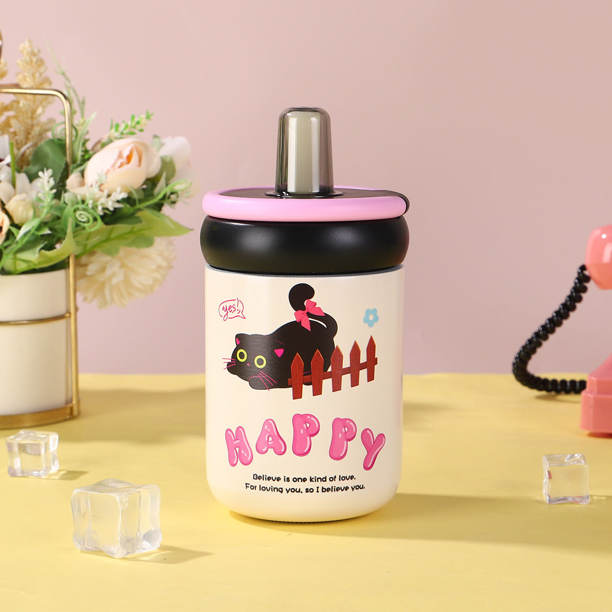 316 Stainless Steel Cute Kitten Straw Insulated Cup