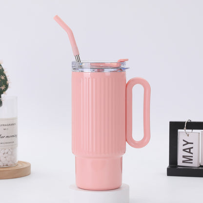 Striped 40oz Large Capacity Straw Cup 304 Stainless Steel Handle Portable