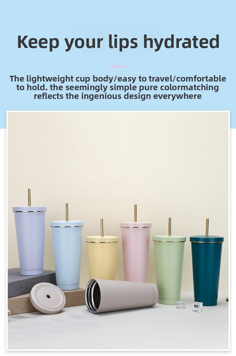 304 stainless steel gold-rimmed lid straw cup large capacity portable cup fashion gift coffee cup