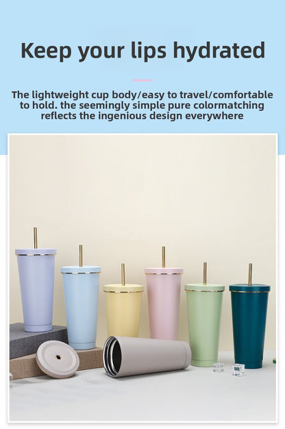 304 stainless steel gold-rimmed lid straw cup large capacity portable cup fashion gift coffee cup