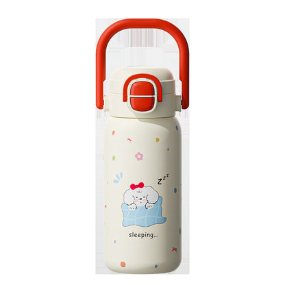 316L Cartoon Children's Insulated Cup Double Drinking Straw Cup Student Portable Water Cup