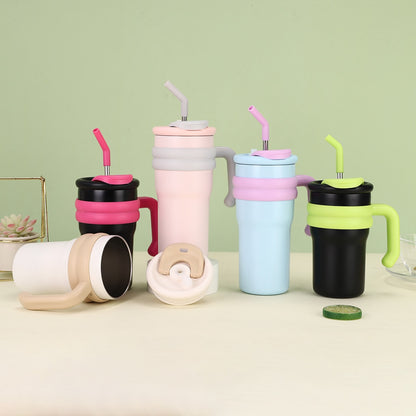 304 Stainless Steel Handle Color-Block Large Capacity Portable Insulated Straw Cup