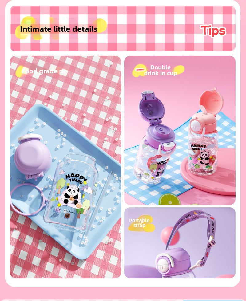 Cartoon Strap Plastic Cup Children's Panda Straw Cup Student Portable