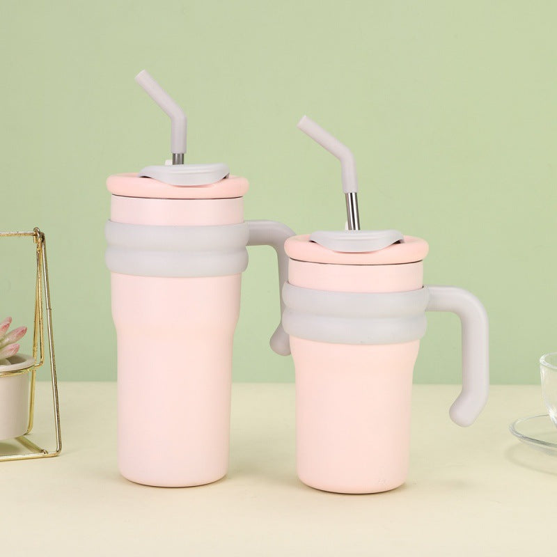 304 Stainless Steel Handle Color-Block Large Capacity Portable Insulated Straw Cup