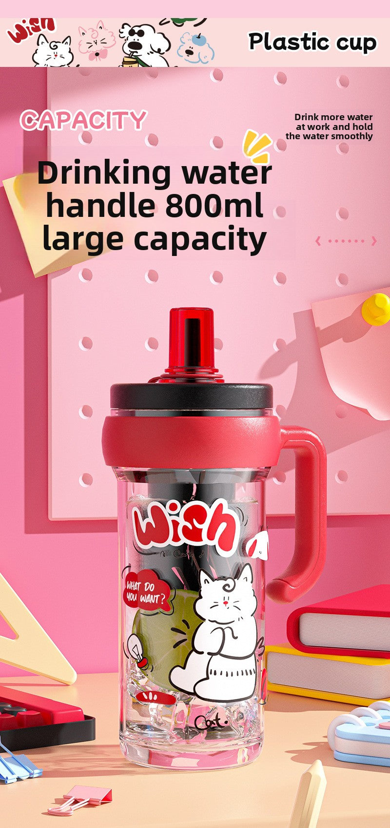 Large capacity portable straw cute handle plastic cup