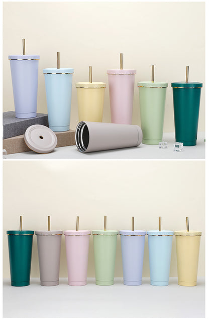 304 stainless steel gold-rimmed lid straw cup large capacity portable cup fashion gift coffee cup