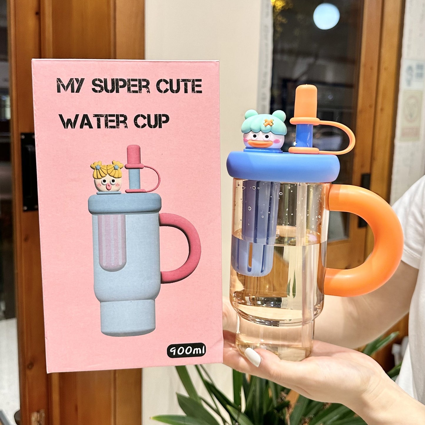 Large Capacity Plastic Cup Cute Straw Handle Cup Outdoor Sports Fitness Office