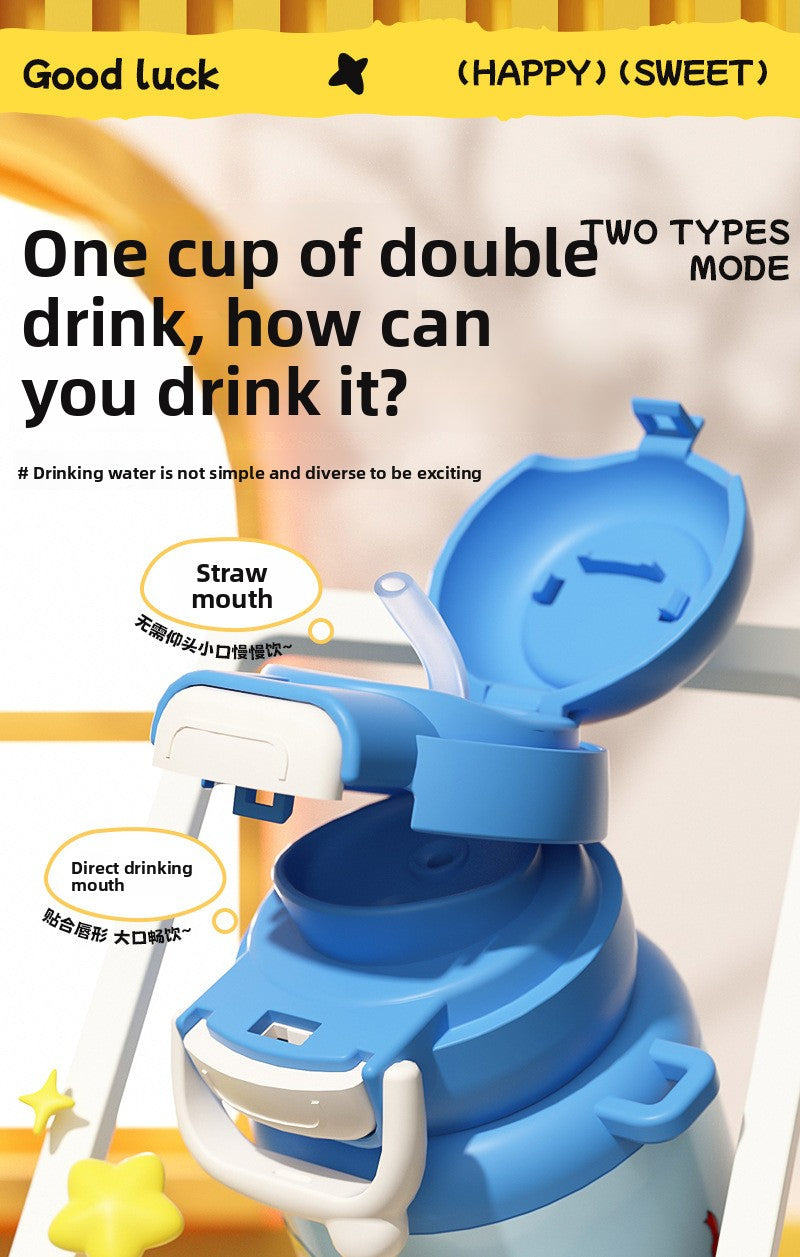 316 Stainless Steel Cartoon Pattern Children's Insulated Water Bottle with Strap and Pop-up Lid