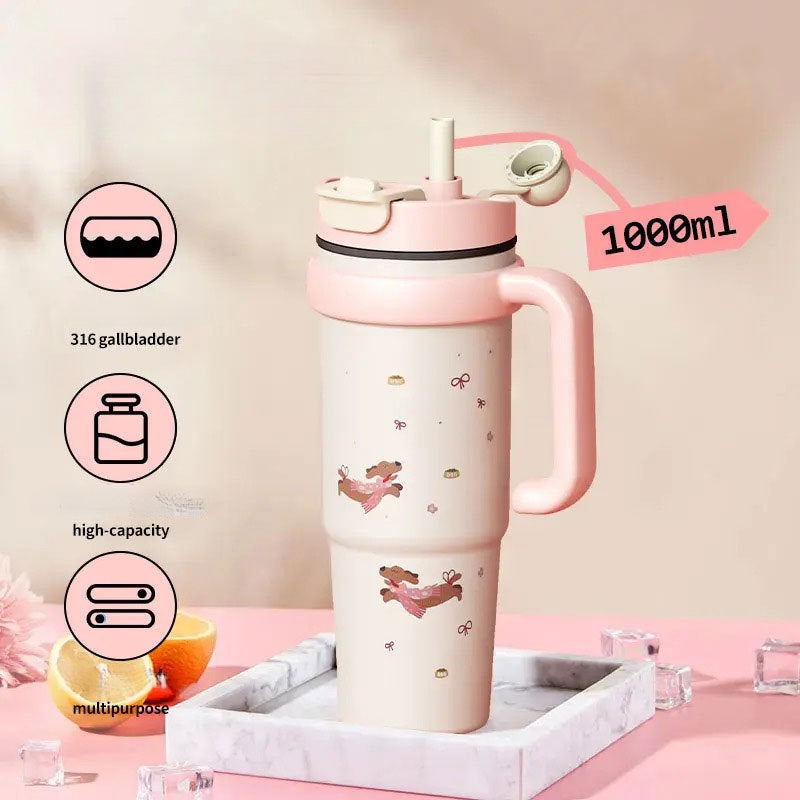 316 Stainless Steel Straw Insulated Cup Large Capacity Dual Drinking Perfectly Fits Car Cup Holder