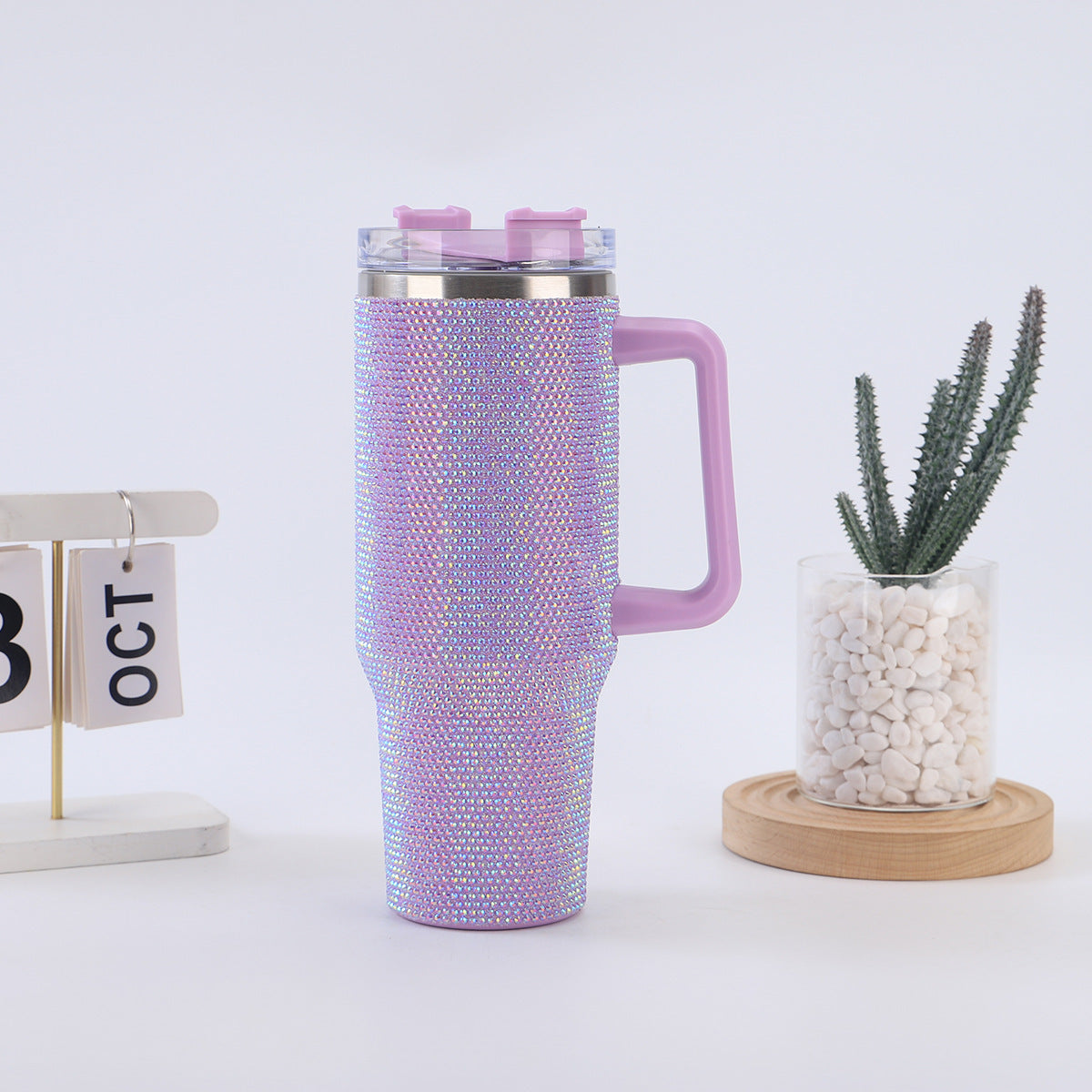40oz Diamond-Studded Portable Insulated Cup with Handle for Car Use