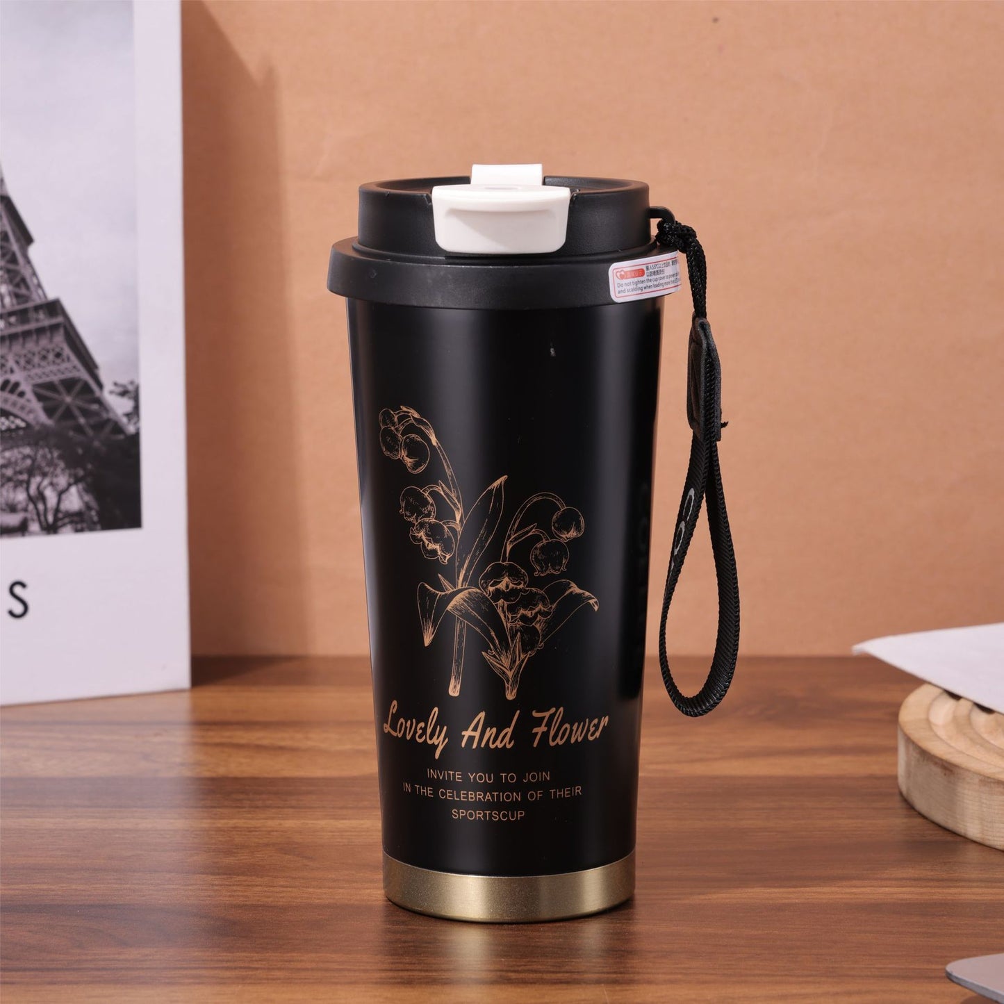 Chinese Style Floral Coffee Cup Double Drinking 304 Stainless Steel Insulated Cup