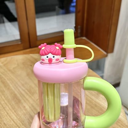 Large Capacity Plastic Cup Cute Straw Handle Cup Outdoor Sports Fitness Office