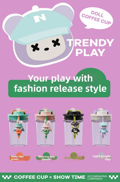 Plastic Coffee Cup Cartoon Doll Cup One-click Opening Portable Rope