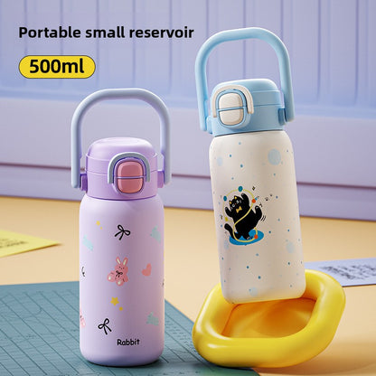 316L Cartoon Children's Insulated Cup Double Drinking Straw Cup Student Portable Water Cup