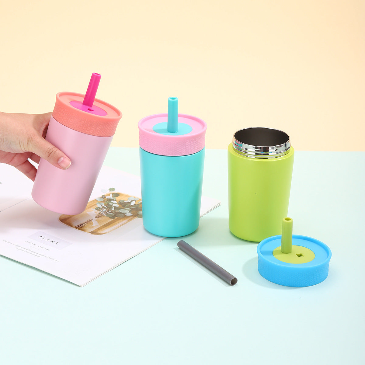 12oz Mini 304 Stainless Steel Silicone Straw Insulated Cup