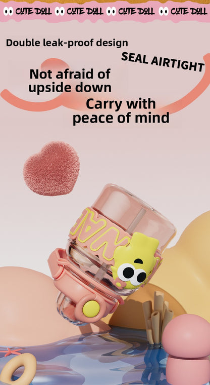 Cartoon Plastic Water Cup One-Click Open Lid Straw Outdoor Portable