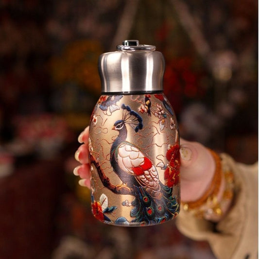 Chinese Style Retro Gold Butterfly Peacock Handle Insulated Cup