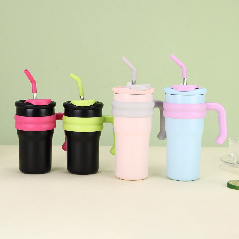 304 Stainless Steel Handle Color-Block Large Capacity Portable Insulated Straw Cup
