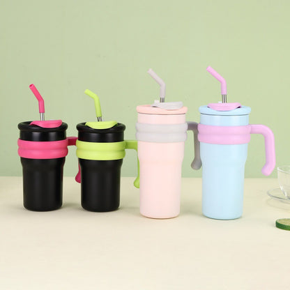 304 Stainless Steel Handle Color-Block Large Capacity Portable Insulated Straw Cup