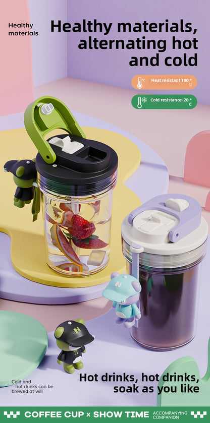 Plastic Coffee Cup Cartoon Doll Cup One-click Opening Portable Rope