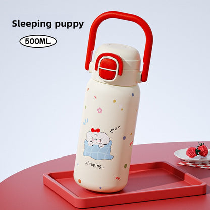 316L Cartoon Children's Insulated Cup Double Drinking Straw Cup Student Portable Water Cup