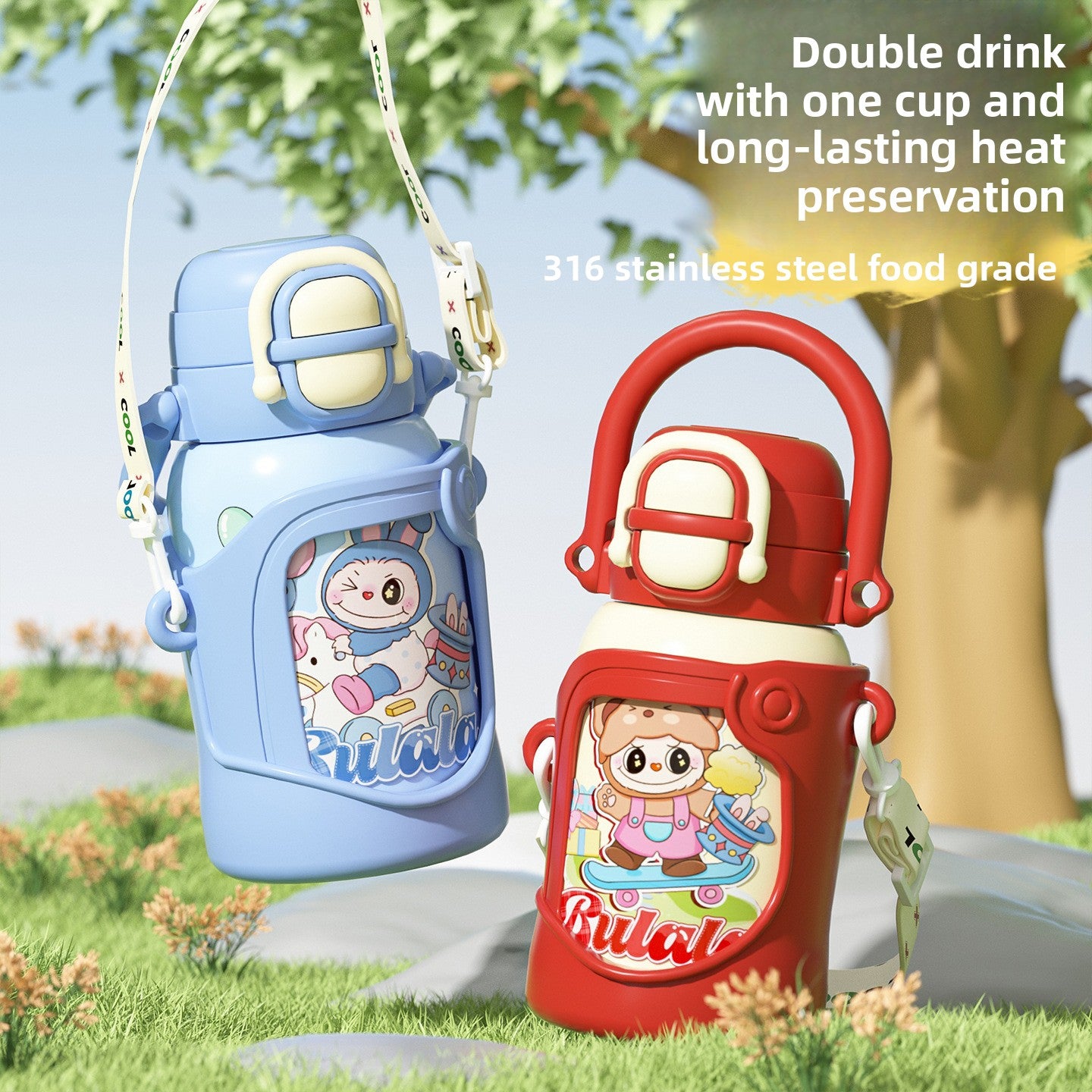 316 Stainless Steel Insulated Cup Children's Fun Straw Cup Children's Water Bottle with Cup Sleeve