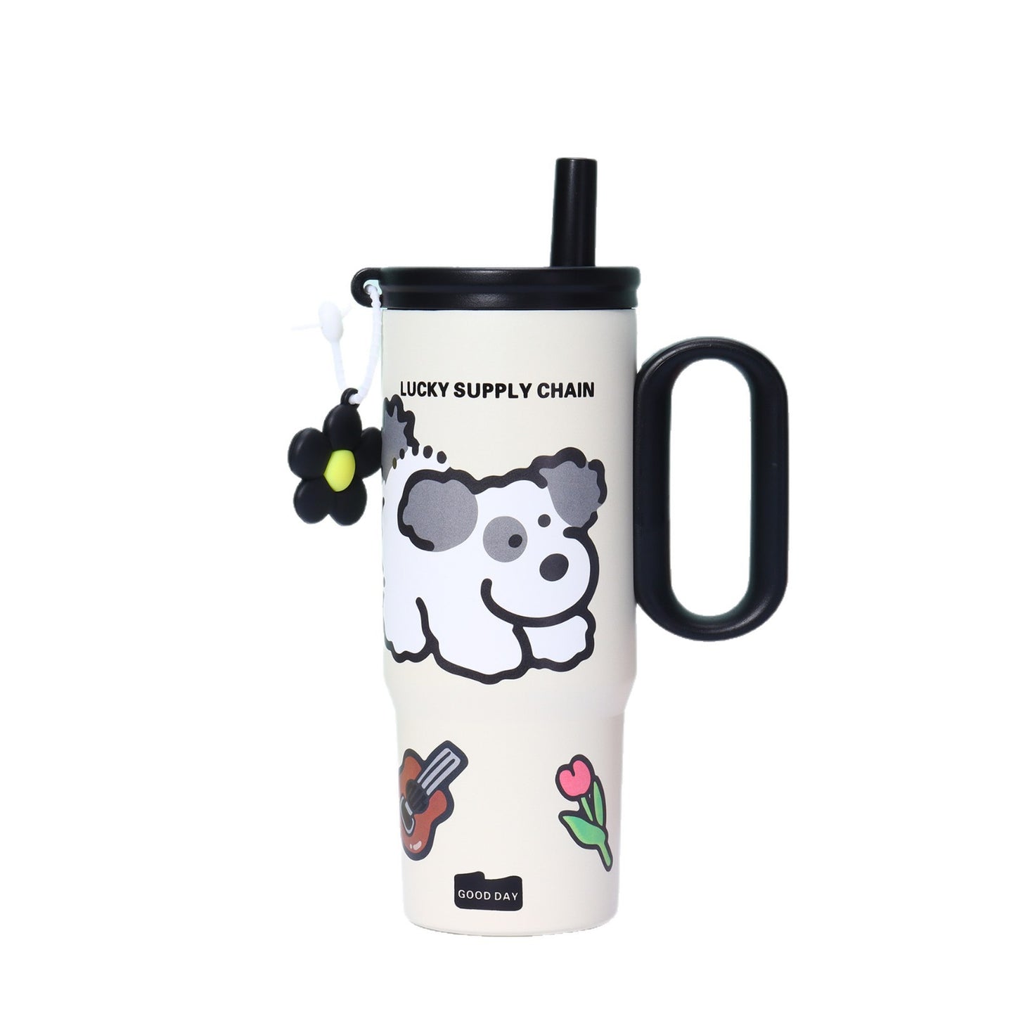 Puppy Pattern 316 Stainless Steel Large Capacity Insulated Cup with Handle and Straw