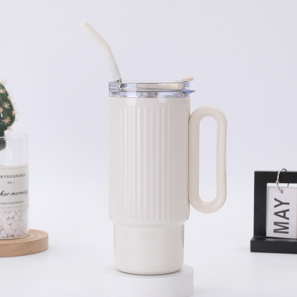 Striped 40oz Large Capacity Straw Cup 304 Stainless Steel Handle Portable