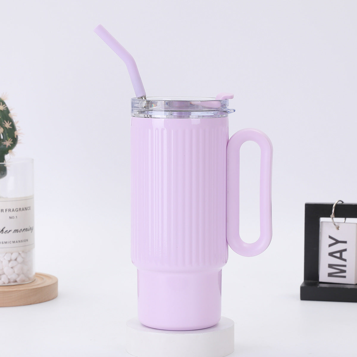 Striped 40oz Large Capacity Straw Cup 304 Stainless Steel Handle Portable