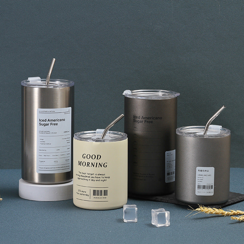 304 Stainless Steel Iced Americano Coffee Cup Simple Office Portable Straw