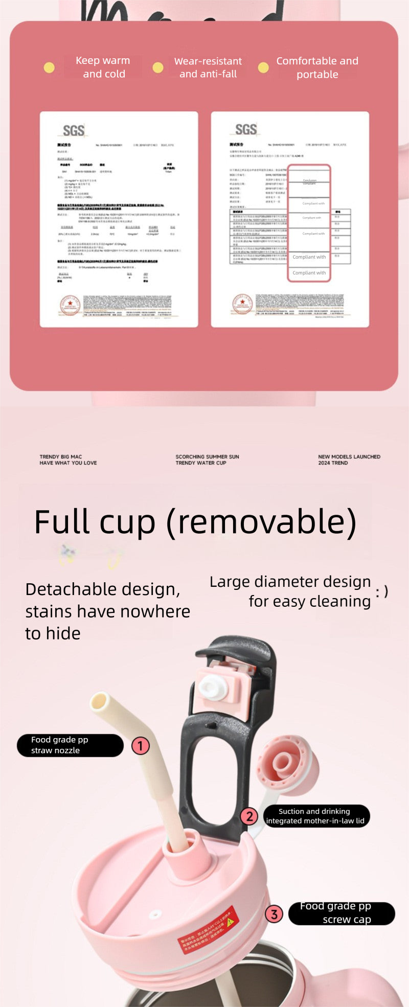 Handle Straw Insulated Cup Compatible with Car Cup Holder