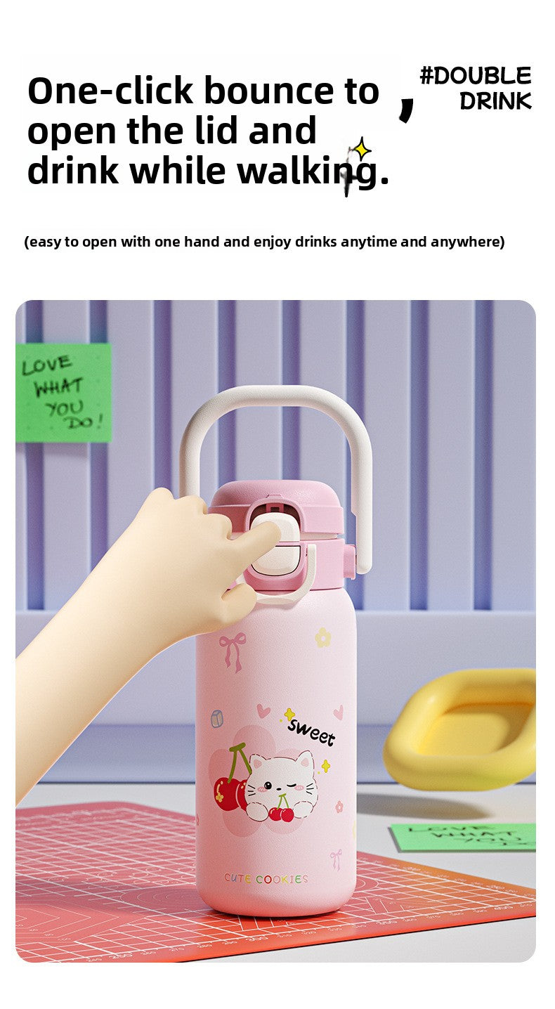 316L Cartoon Children's Insulated Cup Double Drinking Straw Cup Student Portable Water Cup