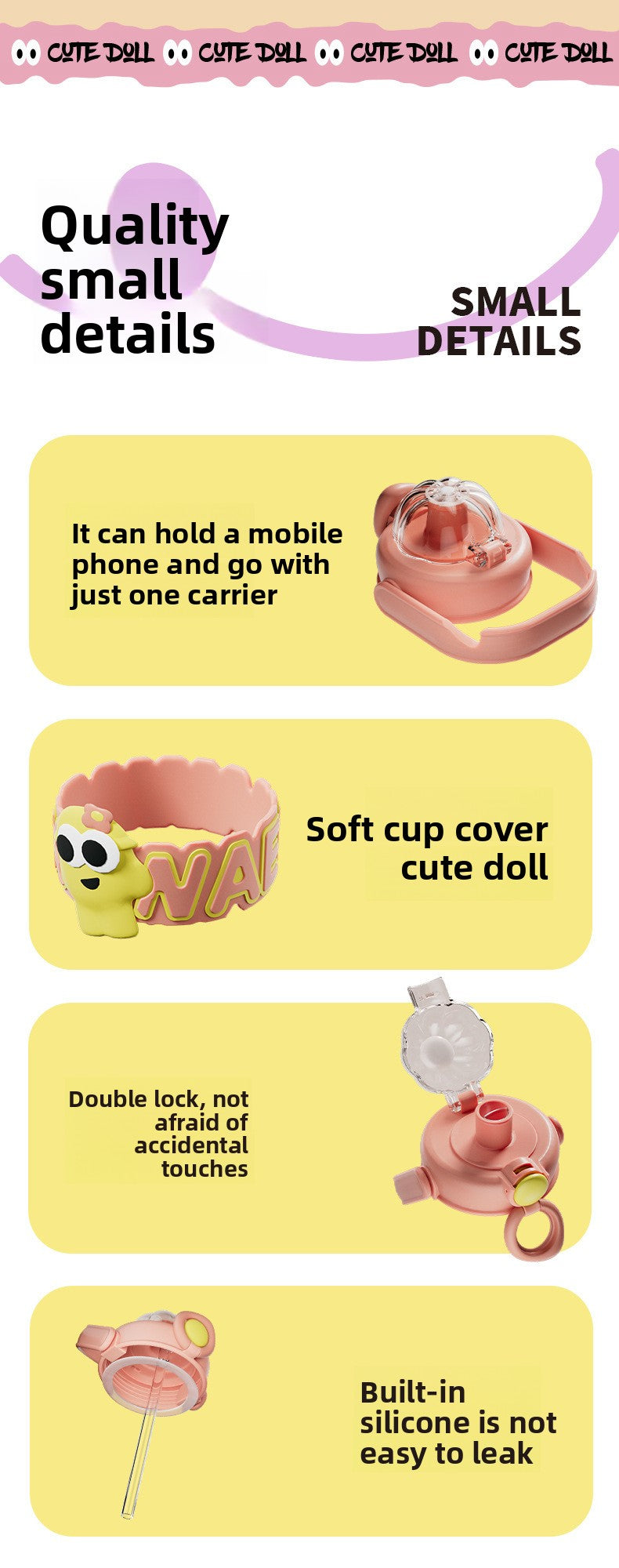 Cartoon Plastic Water Cup One-Click Open Lid Straw Outdoor Portable