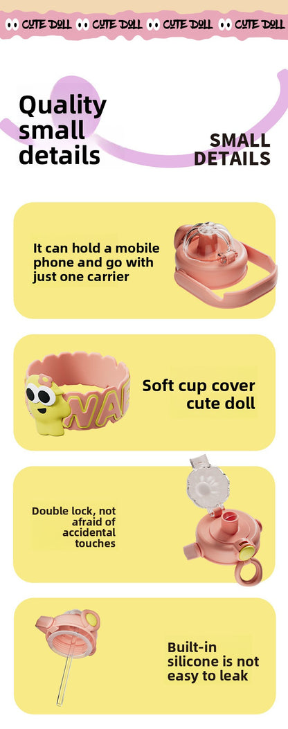 Cartoon Plastic Water Cup One-Click Open Lid Straw Outdoor Portable