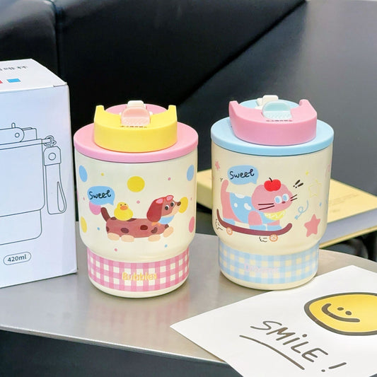 Cartoon Dachshund Portable Double Drinking Stainless Steel Water Cup