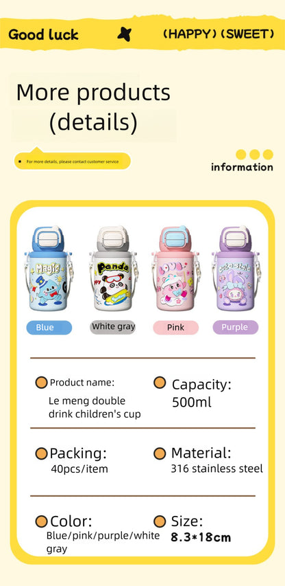 Cartoon Children's Double Drinking 316 Stainless Steel Insulated Cup Student Straw Cup Portable Strap
