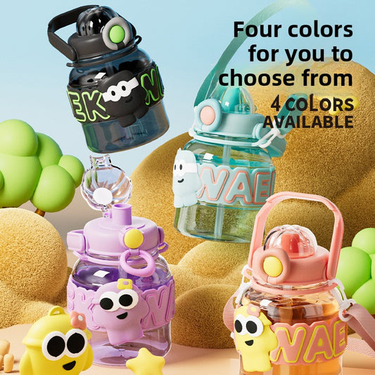 Cartoon Plastic Water Cup One-Click Open Lid Straw Outdoor Portable