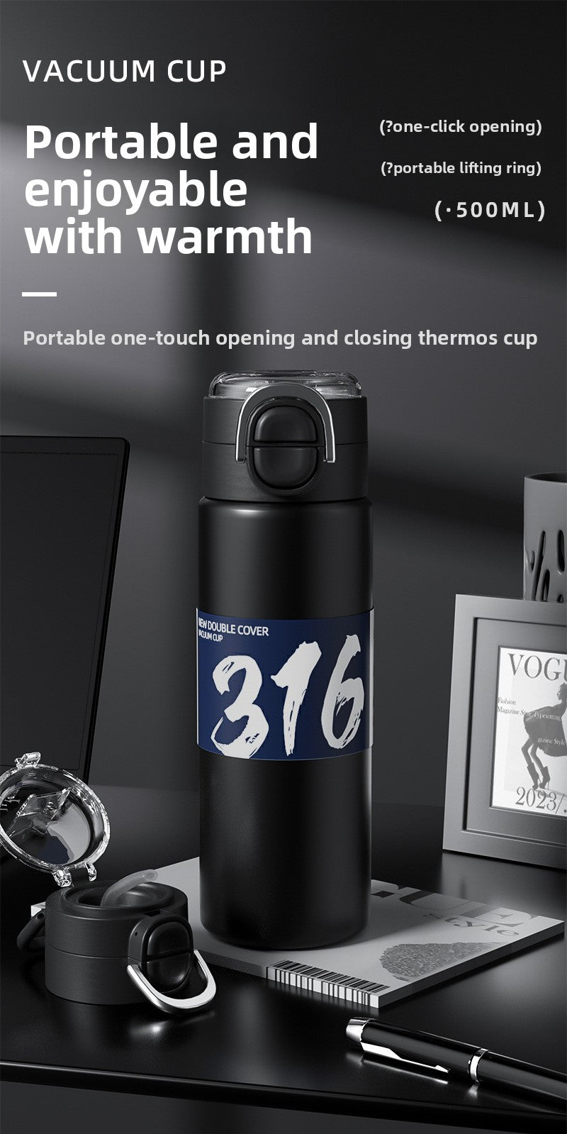 316 Stainless Steel Insulated Cup Portable Straw Cup Double Drinking Bounce Cup